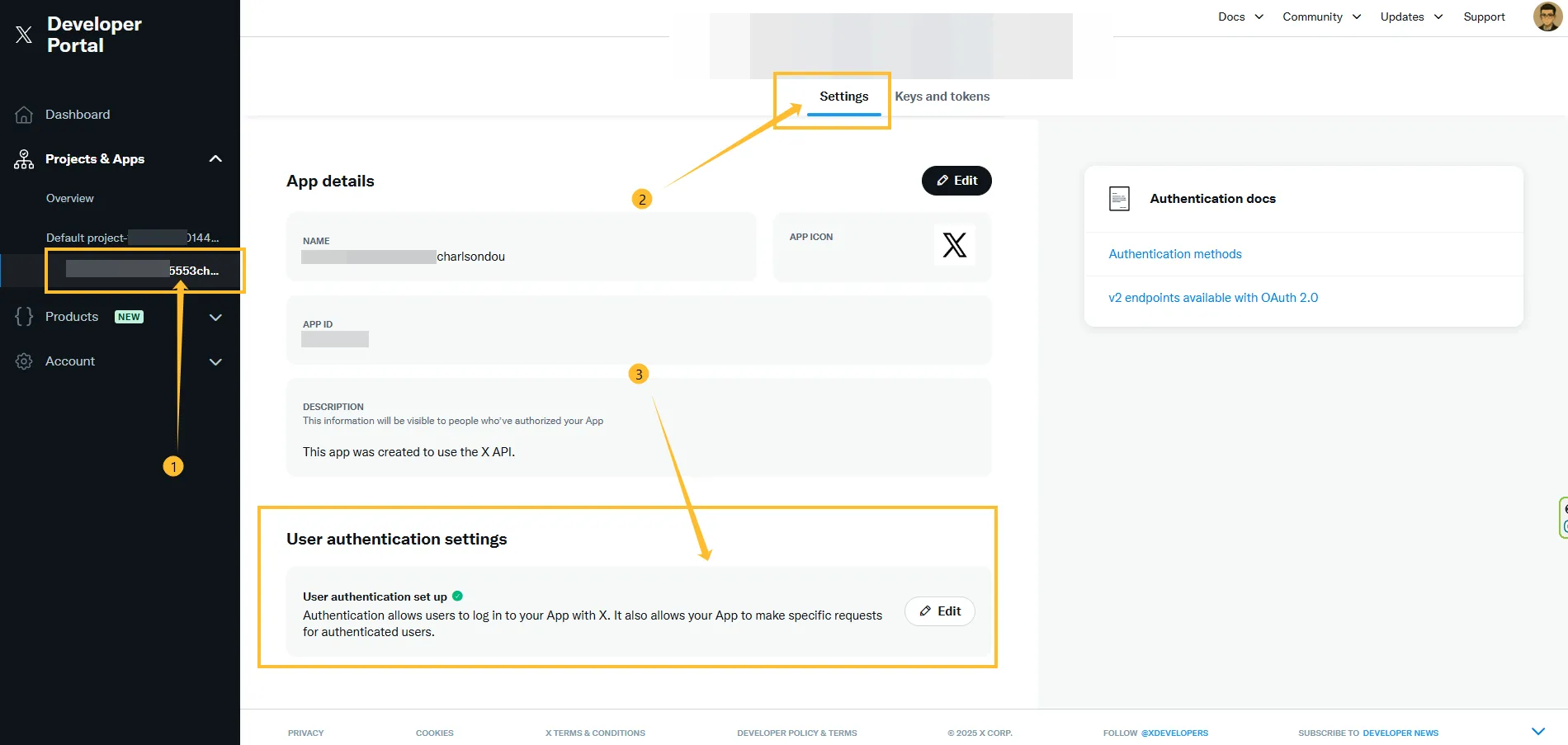 x developers user authentication settings
