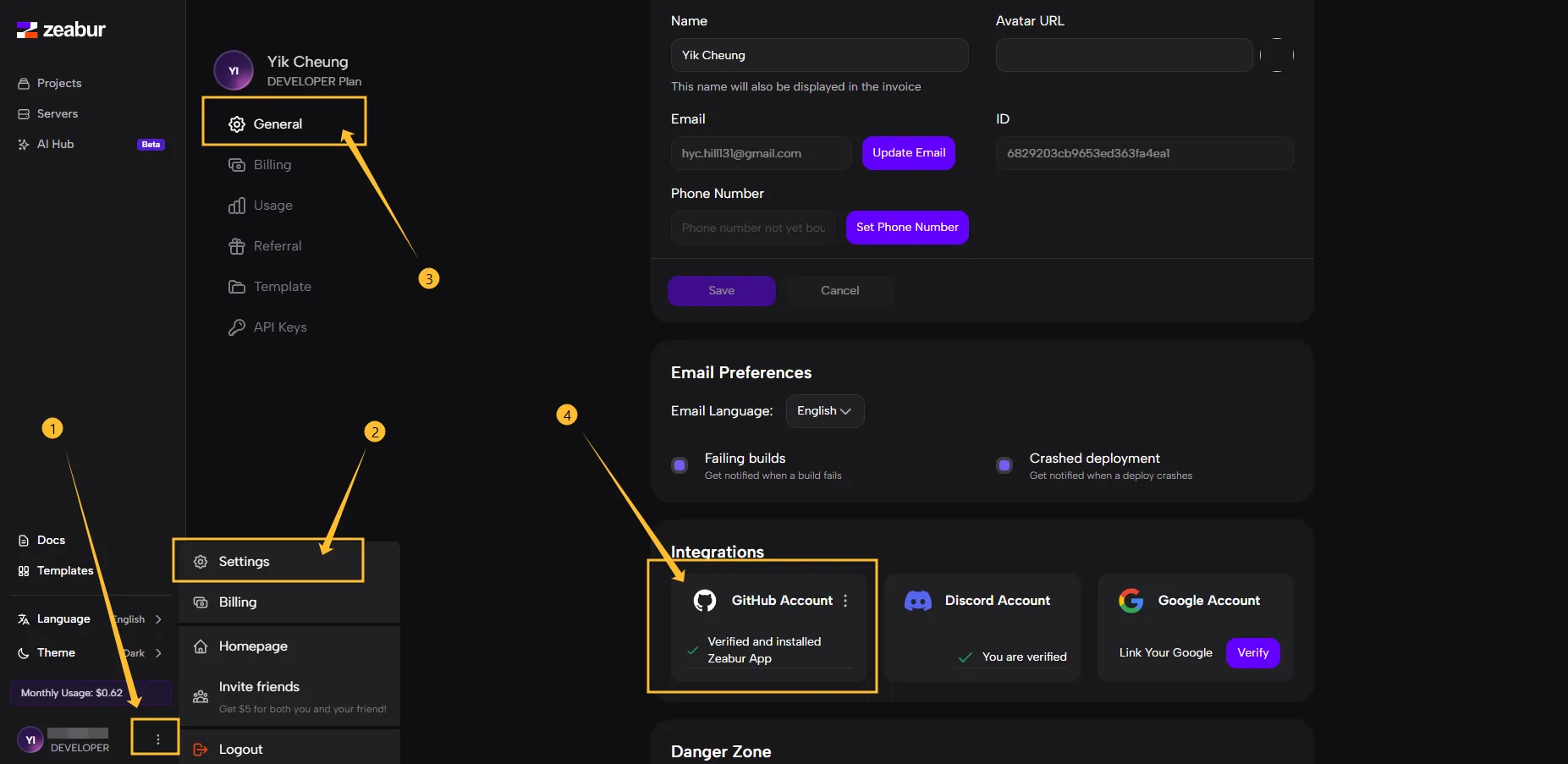 zeabur setting integrations github