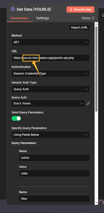 get data yourls node setting url