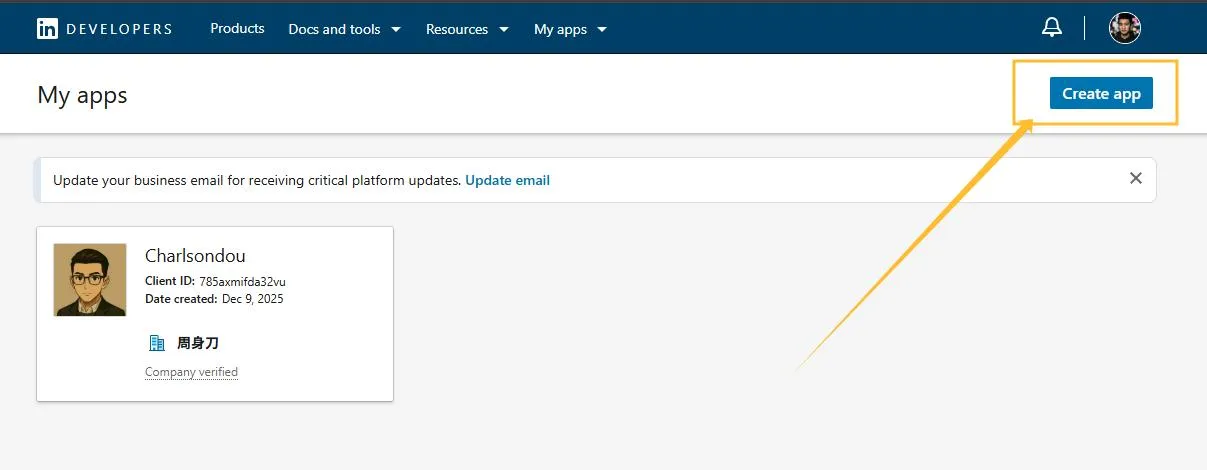 linkedin developers create app